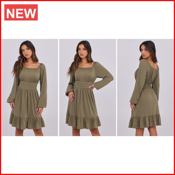 Long Lantern Sleeve Square Neck Elastic Waist Ruffle Flowy Swing A-Line Dress - Picture 7 of 7